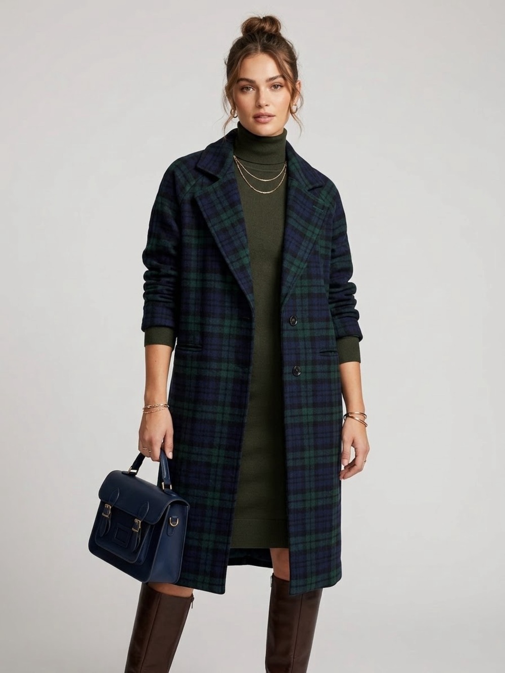 Avec Les Filles Black Watch Tartan Plaid Long Cocoon Coat Green Blue Size Small